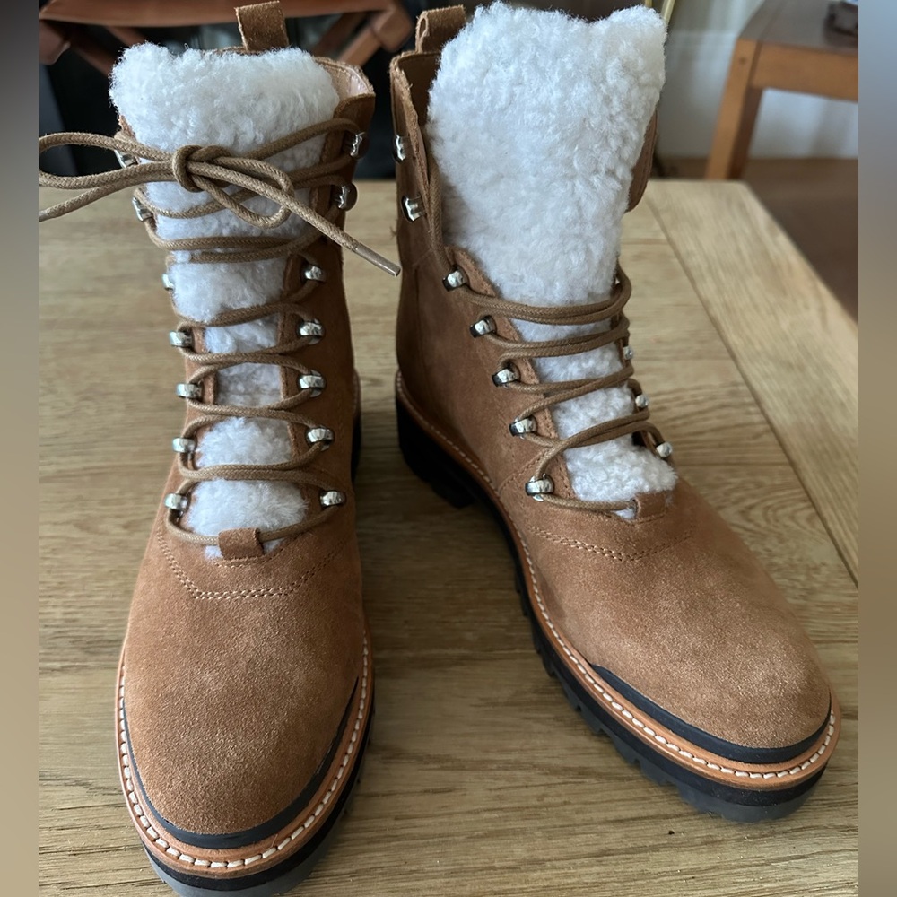 MARC FISCHER Izzie Genuine Shearling Lugsole Boots Brown Suede NEW